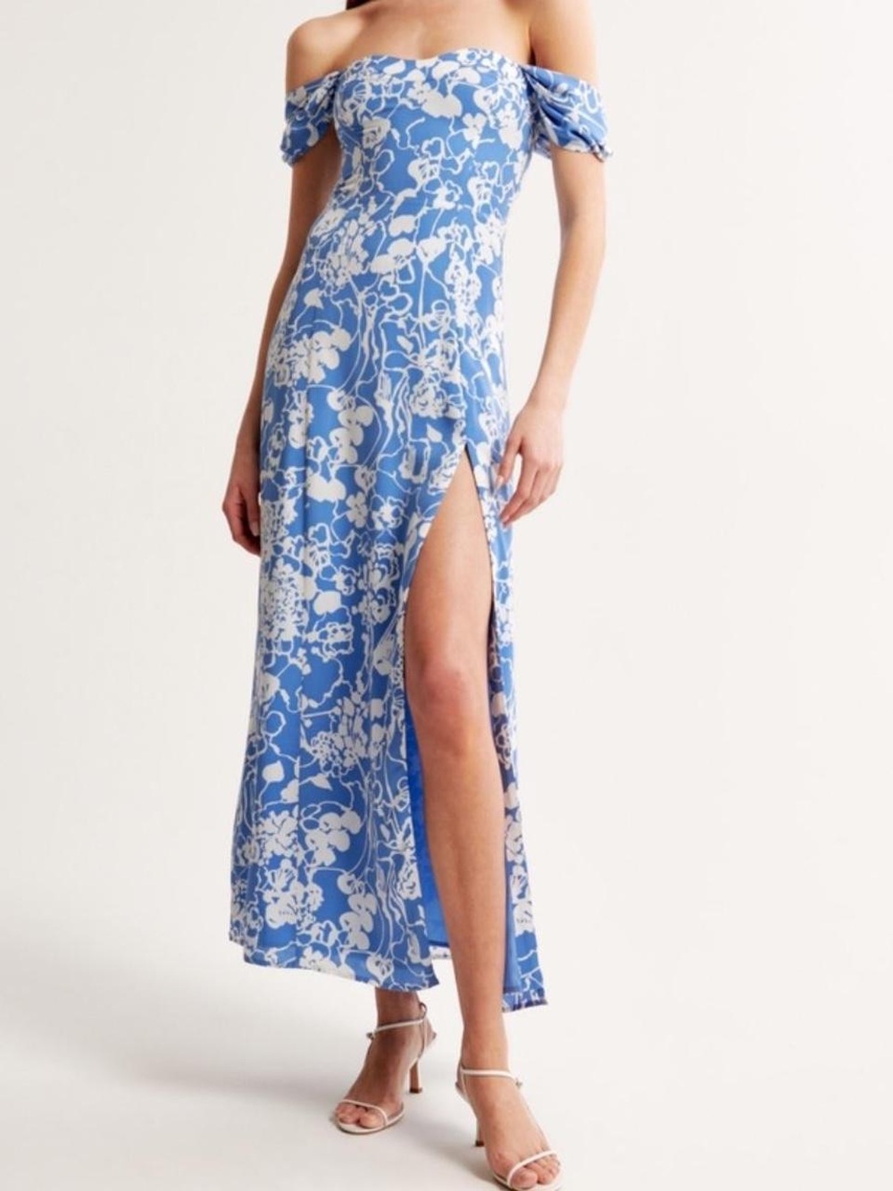 Abercrombie & Fitch Blue and White Off-Shoulder Floral Maxi Dress with High Slit